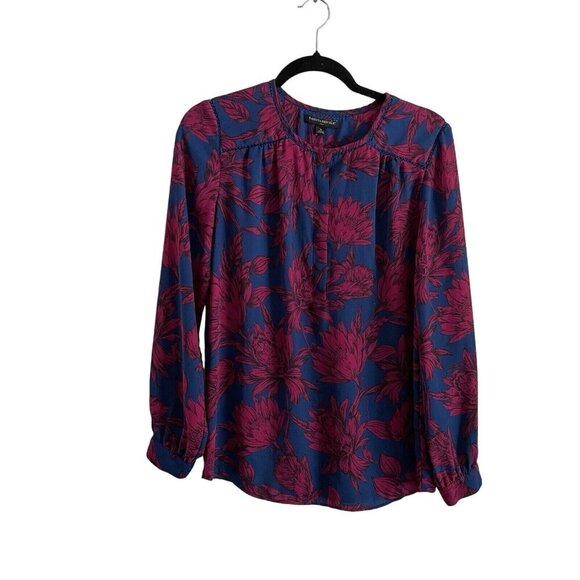 Banana Republic Women S Blue Pink Floral L/S 1/4 Button Embroidered Trim Blouse - Picture 1 of 10